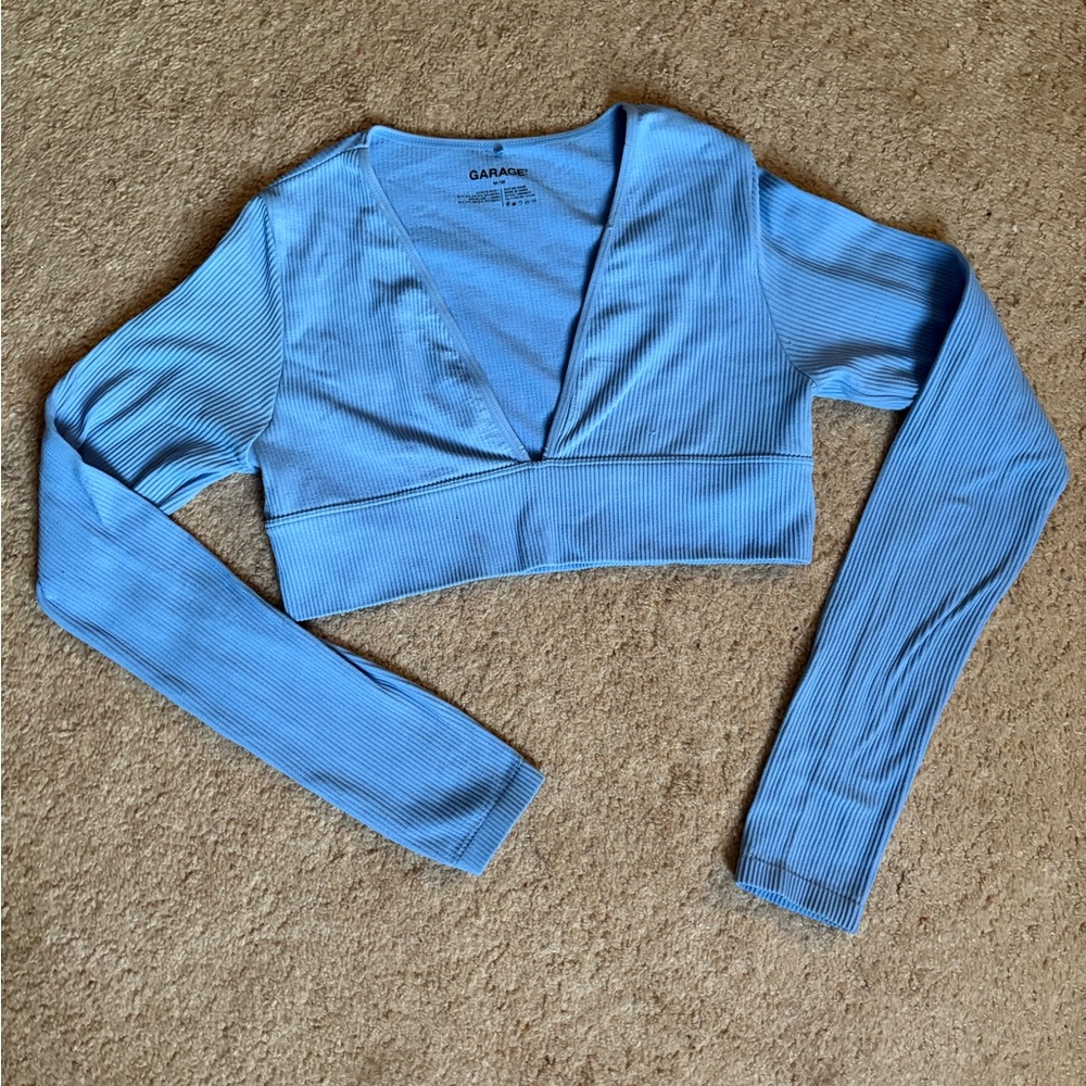 Garage Blue Long Sleeve Fitted Crop Top